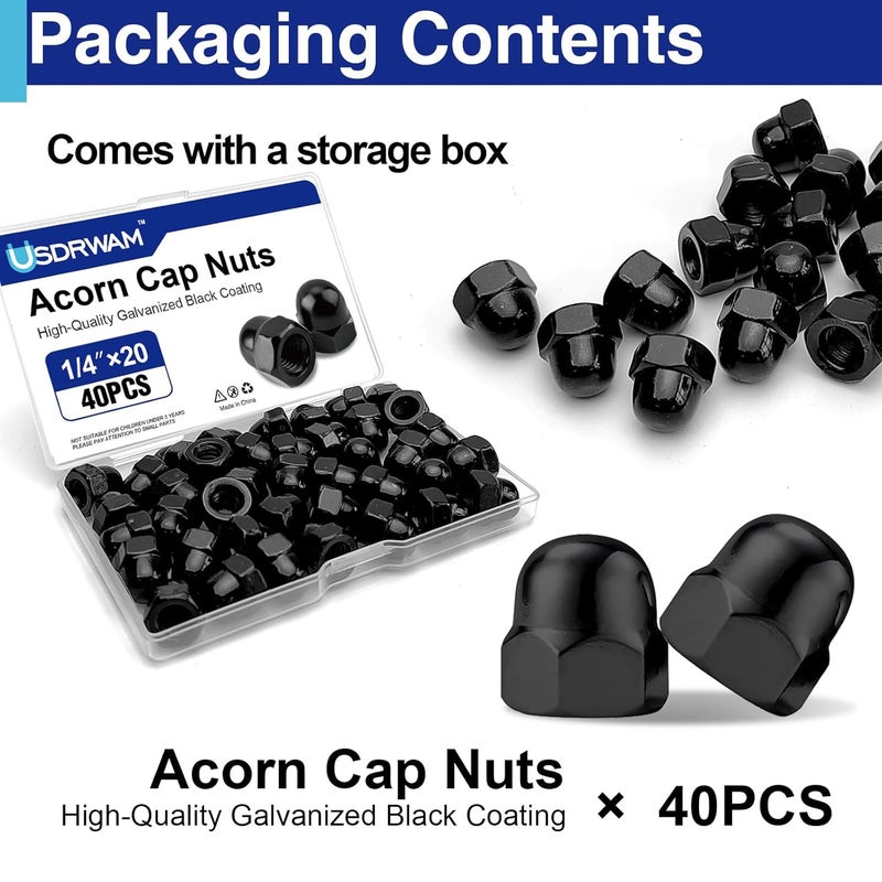 Usdrwam 40Pcs 1/4"-20 Acorn Cap Nuts, Zinc Plating-Black Hex Head Acorn Cap Nuts, Stainless Steel 18-8 (304) Hexagon Dome for Indoor Outdoor - Image 3